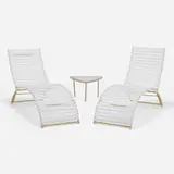 John Caldwell, Chaise lounges, pair, and occasional table, 1956, vinyl, enameled aluminum, glass