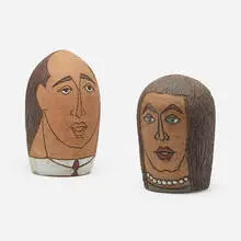 Heads, pair by Raul Coronel, c. 1965, glazed earthenware, sold Nov 2023