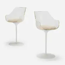 Champagne stools, pair by Erwine & Estelle Laverne, c. 1960, painted steel, faux sheepskin, Lucite, sold Nov 2023