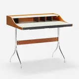 Swag Leg home desk, model 5850 by George Nelson & Associates, 1954, walnut, chrome-plated steel, laminate, lacquered wood, sold Nov 2023