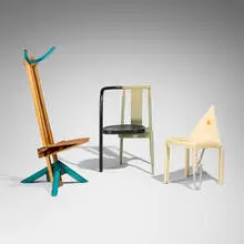 Martino Gamper, Collection of three chairs, lacquered wood, stained oak, cherry, fiberglass, acrylic, brass-plated steel, zinc