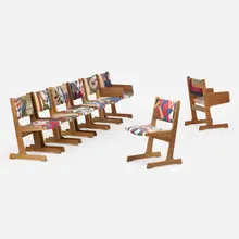 Darren Romanelli, DRx Quilted Dining Chairs, set of eight, c. 2022, upholstered quilts, African teak