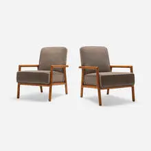 T. H. Robsjohn-Gibbings, Lounge chairs model 1601, pair, c. 1955, mahogany, velvet upholstery
