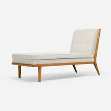 Chaise lounge, model 1708 by T. H. Robsjohn-Gibbings, c. 1955, bleached walnut, bouclé upholstery, sold Aug 2026
