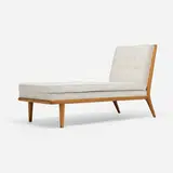 T. H. Robsjohn-Gibbings, Chaise lounge, model 1708, c. 1955, bleached walnut, bouclé upholstery