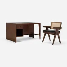 Desk and chair from Chandigarh by Pierre Jeanneret, teak, leather, cane, upholstery, aluminum, sold Aug 2026