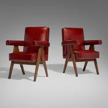 Committee chairs from High Court, Chandigarh, pair by Pierre Jeanneret, c. 1953, teak, leather upholstery, sold Aug 2026