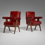 Pierre Jeanneret, Committee chairs from High Court, Chandigarh, pair, c. 1953, teak, leather upholstery