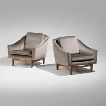 Jens Risom, #2 Club Chairs, pair, microfiber upholstery, walnut