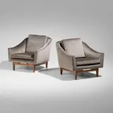 Jens Risom, #2 Club Chairs, pair, microfiber upholstery, walnut