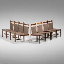 Sergio Rodrigues, High-Backed Cantu dining chairs, set of eight, 1959, jacaranda, leather
