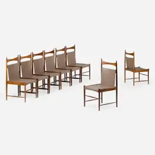 Sergio Rodrigues, High-Backed Cantu dining chairs, set of eight, 1959, jacaranda, leather