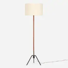 attribution Jacques Adnet, Floor lamp, c. 1950, wrought iron, stitched leather, brass, linen shade