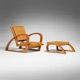 Francis Jourdain, Lounge chair and ottoman, c. 1930, pear wood, cane