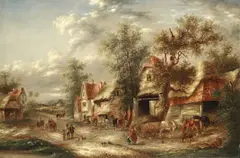 Georgina Lara, Near Guildford, Surrey; Village bustle, a pair, oil on canvas