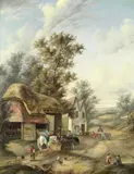Edwina Lara, A busy Farmyard with horses at a manger, oil on canvas