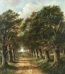 Joseph Thors, Sheep drover in a tree lined avenue, oil on canvas