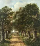 Joseph Thors, Sheep drover in a tree lined avenue, oil on canvas