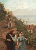 Frank E. Cox, Along the cliff path, oil on canvas