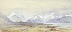 The mountains of Hindo as seen from Melbo, Lofoten by Elijah Walton, watercolour heightened with white, offered Oct 2019