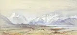 Elijah Walton, The mountains of Hindo as seen from Melbo, Lofoten, watercolour heightened with white