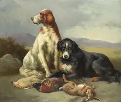 William Gillard, Gun dogs with game on the moor; Sheepdog with the flock, oil on canvas