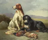 William Gillard, Gun dogs with game on the moor; Sheepdog with the flock, oil on canvas