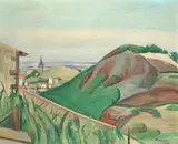 Simon Mondzain, A hillside village, the sea beyond