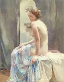 Doris Pusinelli, Nude seated before a mirror, watercolour