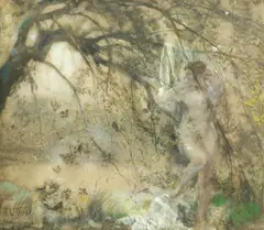 Charles Sims, 'Lesbia and the sparrows', watercolour, bodycolour and collage