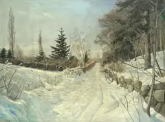 Harald Pryn, Woodland path under snow, oil on canvas