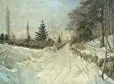Harald Pryn, Woodland path under snow, oil on canvas