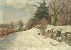 Harald Pryn, Scandinavian hamlet in the snow, oil on canvas
