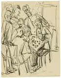 Schachspielende Offiziere by Ernst Ludwig Kirchner, 1915, Tuschfeder über Bleistift auf glattem Papier, sold Dec 2017
