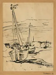 Boote am Ufer by Max Pechstein, 1909, Tuschfeder auf Papier, vom Künstler auf Papier montiert, sold Dec 2017