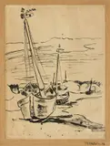 Max Pechstein, Boote am Ufer, 1909, Tuschfeder auf Papier, vom Künstler auf Papier montiert