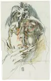 Horst Janssen, Selbstbildnis, 1979, Farb- und Bleistift auf glattem Papier (Rückseite eines Ausstellungsplakats)
