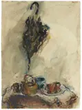 Marwan, Tischstillleben und Regenschirm, 1975, Aquarell und Bleistift auf Bütten