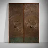 Billy Joe McCarroll and David Gillespe, Heroic Sunburst doors, pair, c. 1971, cast-bronzed resin over wood, walnut