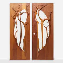 California Craft, Doors, pair, c. 1975, carved mahogany, frosted glass