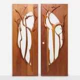 California Craft, Doors, pair, c. 1975, carved mahogany, frosted glass