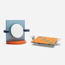 George Sowden, Tray and vanity mirror, 1984, laminate, polished metal, lacquered wood