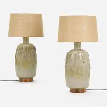 David Cressey, Lamps, pair, c. 1965, glazed stoneware, walnut