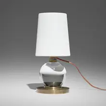 attribution Jacques Adnet, Table lamp, c. 1930, crystal, brass, fabric