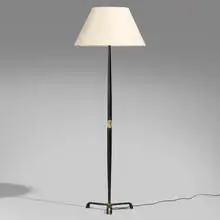 Jacques Adnet, Floor lamp, c. 1950, stitched leather, brass, linen shade