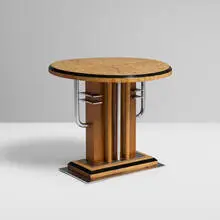 Hugh Lyons & Co., Art Deco pedestal, c. 1930, lacquered bird's-eye maple, elm, chrome-plated steel
