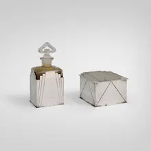 Skyscraper vanity set by Louis W. Rice, 1928, silver-plated brass, glass, sold Aug 2026