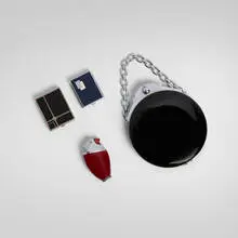 Art Déco, Collection of four accessories, c. 1925-1935, plastic, silver-plated brass, chrome-plated steel, enameled metal