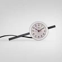 Gilbert Rohde, Table clock, model 6351, c. 1935, enameled aluminum, aluminum, glass