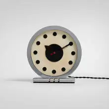Gilbert Rohde, Table clock, model 4706, c. 1933, chrome-plated brass, glass, aluminum